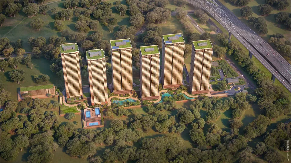 Max Estate 360 aerial view of the six towers, pools and lake beside Dwarka Expressway, artist's impression
