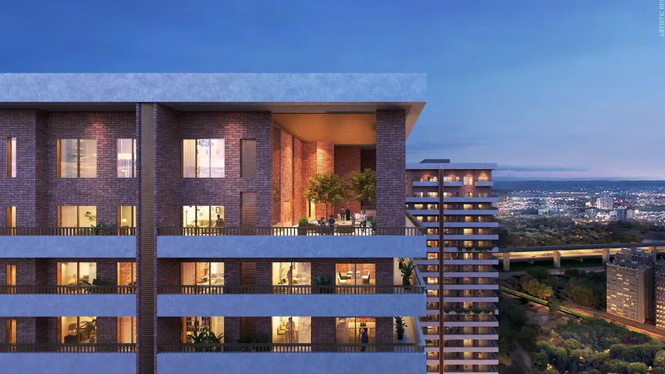 Max Estate 360 brick and terracotta facade with jaali screens and deep balconies, artist's impression