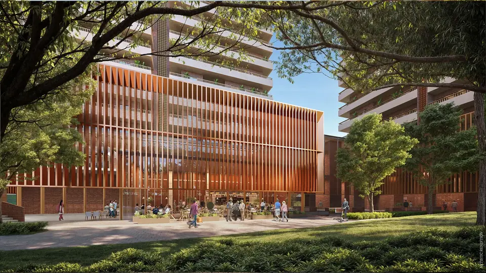 Max Estate 360 Community Plaza with convenience retail under a timber-screen building, artist's impression