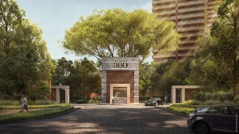 Max Estate 360 entrance gate with the stone 360 marker and tree-lined drive, artist's impression