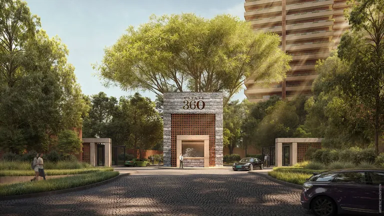Max Estate 360 entrance gate with the stone 360 marker and tree-lined drive, artist's impression