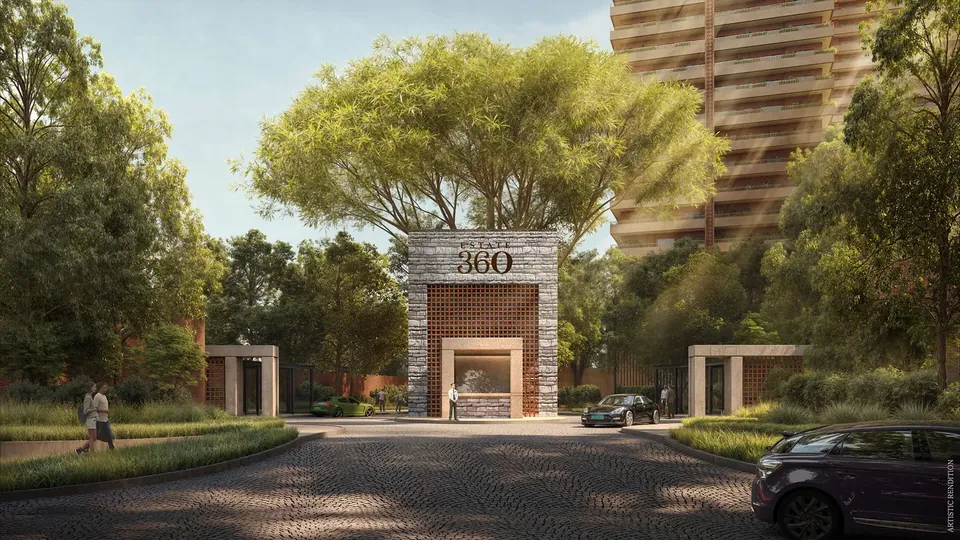 Max Estate 360 entrance gate with the stone 360 marker and tree-lined drive, artist's impression