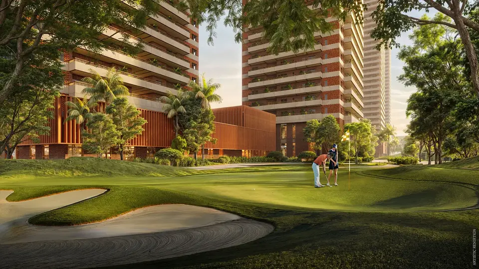 Max Estate 360 golf putting green with bunkers in the central landscape, artist's impression