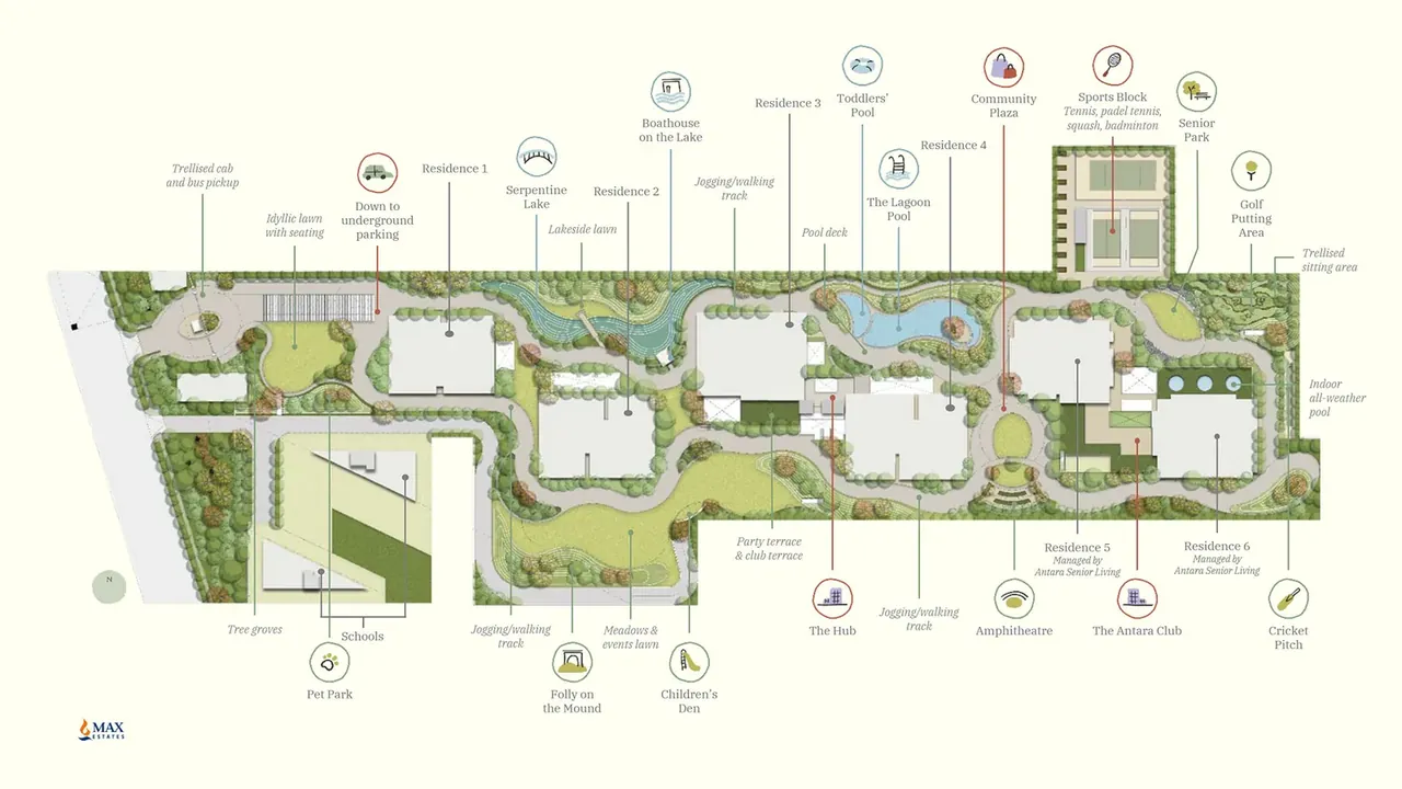 Max Estate 360 master plan of the 12-acre estate with towers, lake, Sports Block and Community Plaza