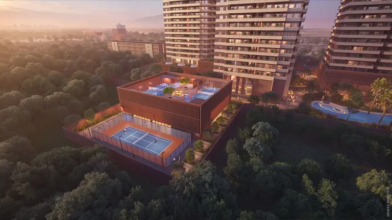 Max Estate 360 Sports Block with rooftop tennis court between the towers, artist's impression