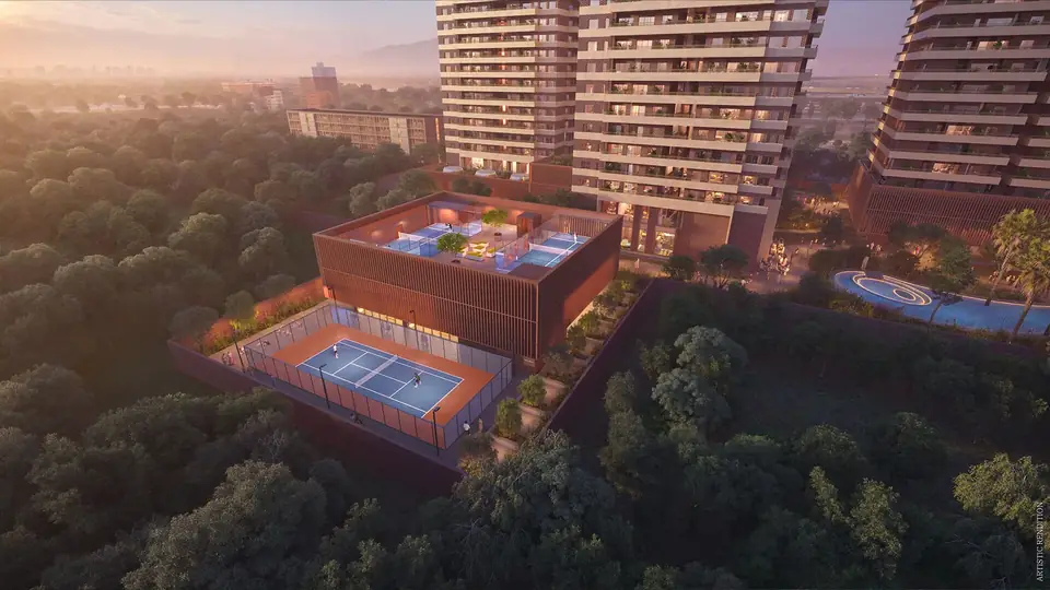 Max Estate 360 Sports Block with rooftop tennis court between the towers, artist's impression