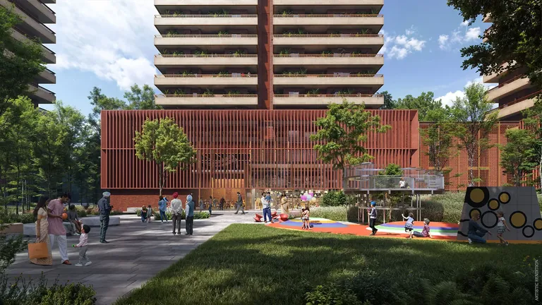 Max Estate 360 The Hub clubhouse lawn with children's play equipment, artist's impression