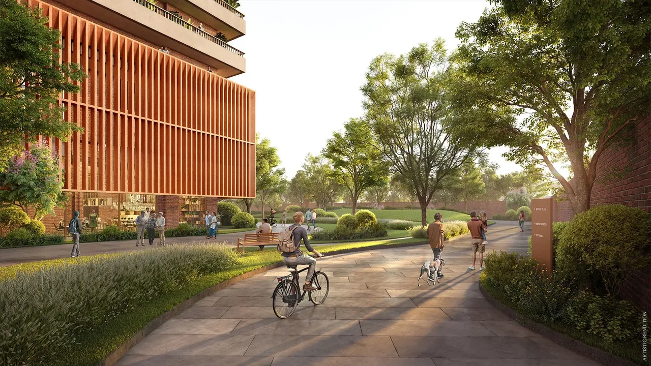 Max Estate 360 tree-lined walkway with residents cycling and jogging past the clubhouse, artist's impression
