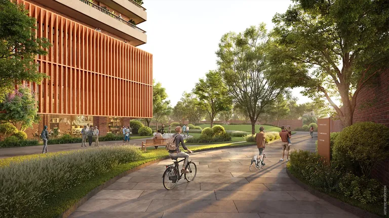 Max Estate 360 tree-lined walkway with residents cycling and jogging past the clubhouse, artist's impression