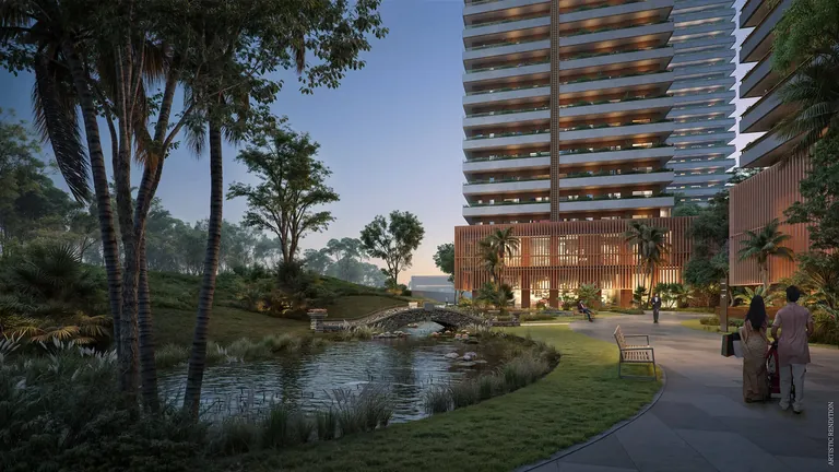 Max Estate 360 winding lake with stepping stones and lakeside path below the towers, artist's impression