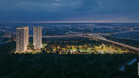 Max Estate 361 aerial view at night beside the Dwarka Expressway and CPR junction, artist's impression