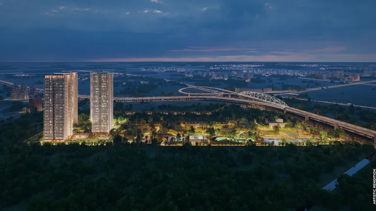 Max Estate 361 aerial view at night beside the Dwarka Expressway and CPR junction, artist's impression