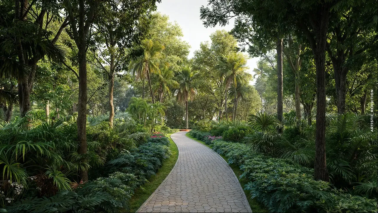 Max Estate 361 paved path winding through the dense forest planting, artist's impression