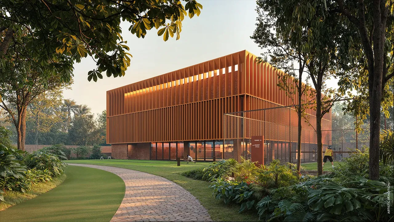 Max Estate 361 Sports Block building with timber-fin facade beside the lawn, artist's impression