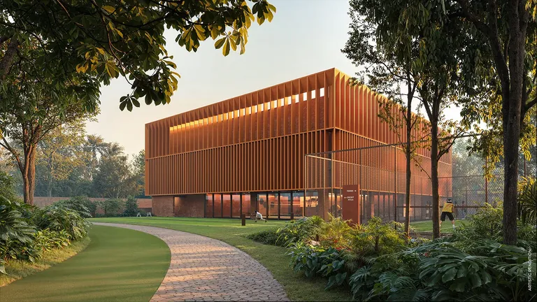 Max Estate 361 Sports Block building with timber-fin facade beside the lawn, artist's impression