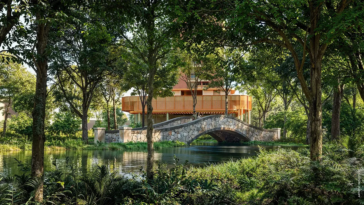 Max Estate 361 stone bridge over the lake in the central forest, artist's impression