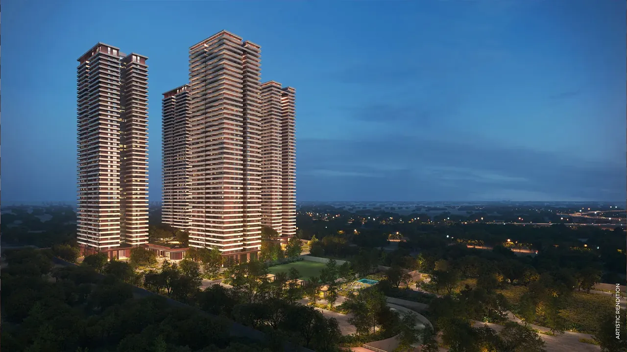 Max Estate 361 towers at dusk seen across the open land, artist's impression