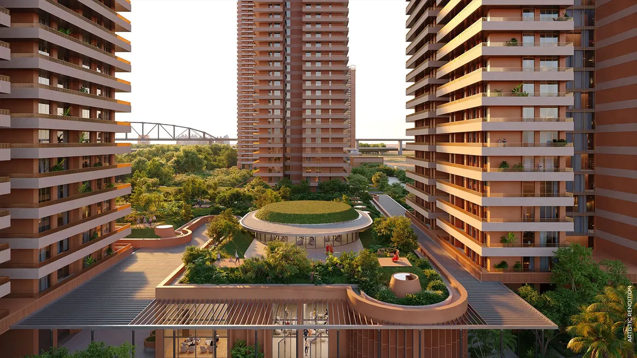 Max Estate 361 towers rising over the podium clubhouse with its rooftop lawn, artist's impression