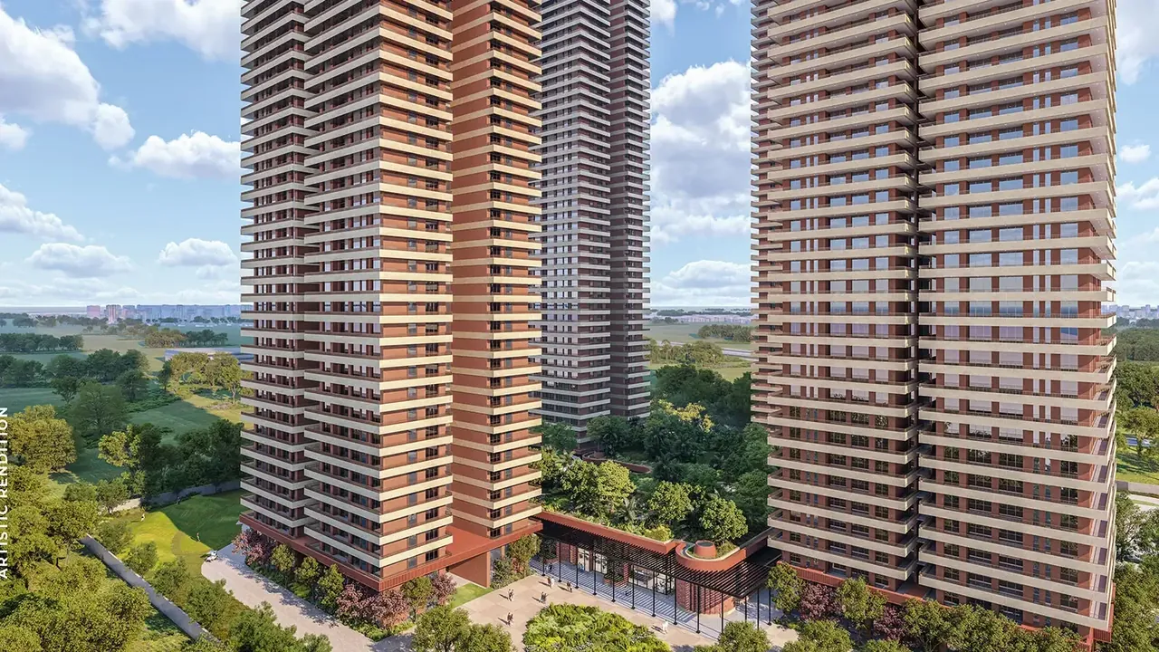 Max Estate 361 two towers with wraparound decks over the greens, artist's impression