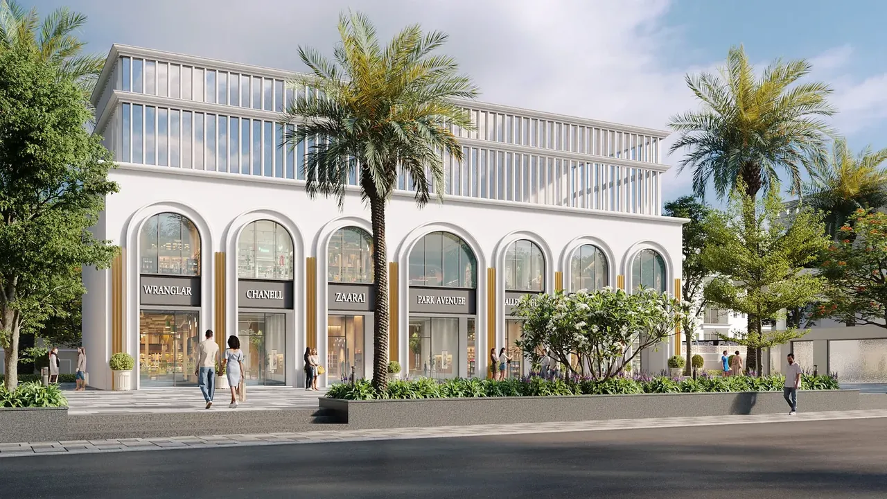 Meffier Garden Avenue arched clubhouse front with palm trees, artist's impression