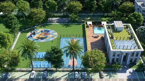 Meffier Garden Avenue clubhouse, courts and play area seen from above, artist's impression