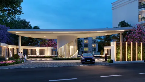 Meffier Garden Avenue entrance canopy lit at dusk, artist's impression