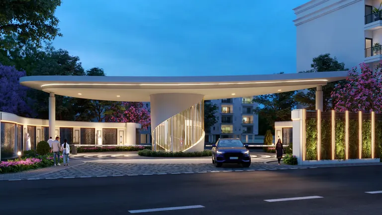 Meffier Garden Avenue entrance canopy lit at dusk, artist's impression