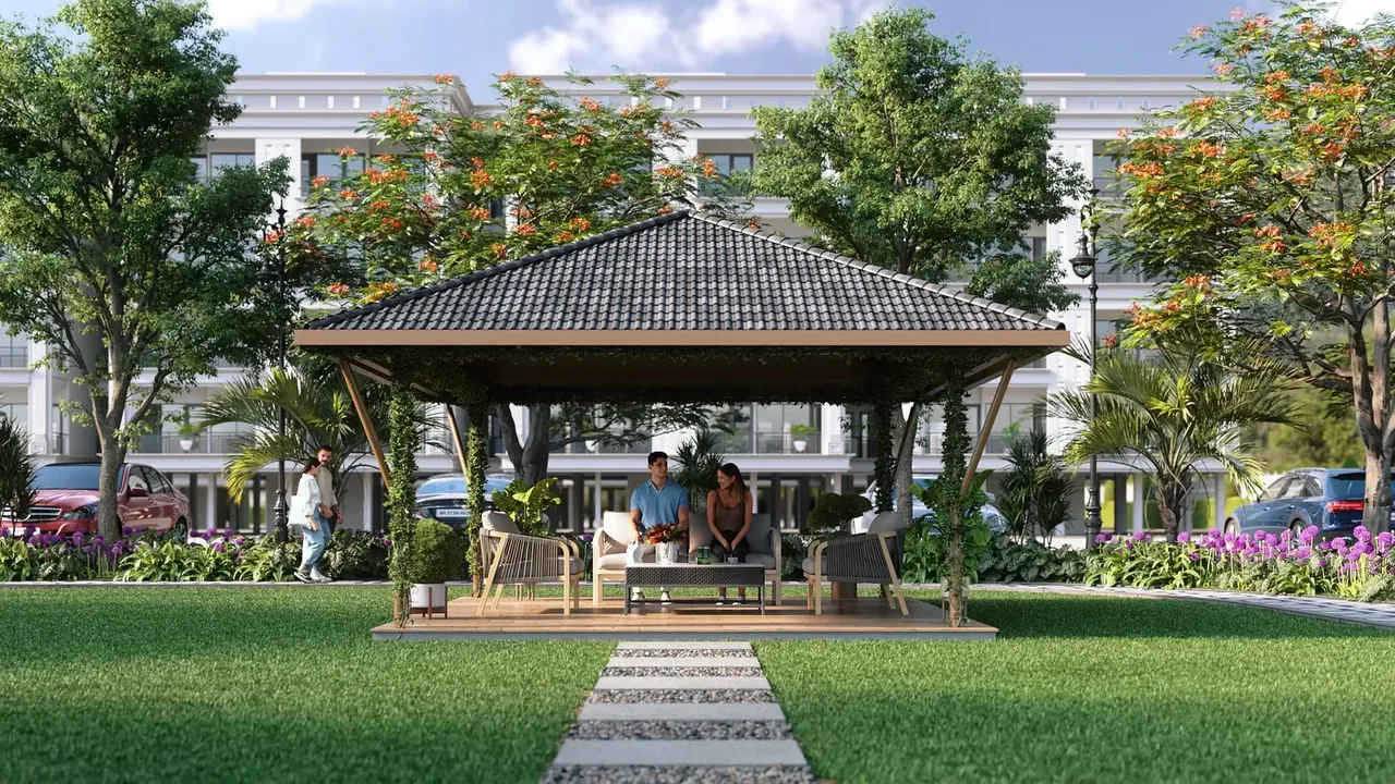 Meffier Garden Avenue gazebo on a landscaped lawn, artist's impression