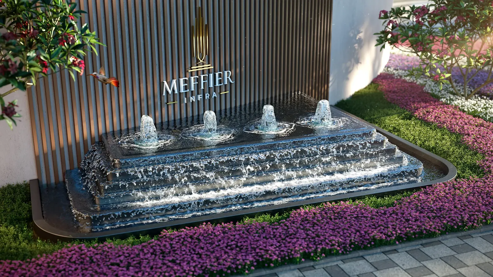Meffier Garden Avenue Meffier name wall with a cascading fountain, artist's impression