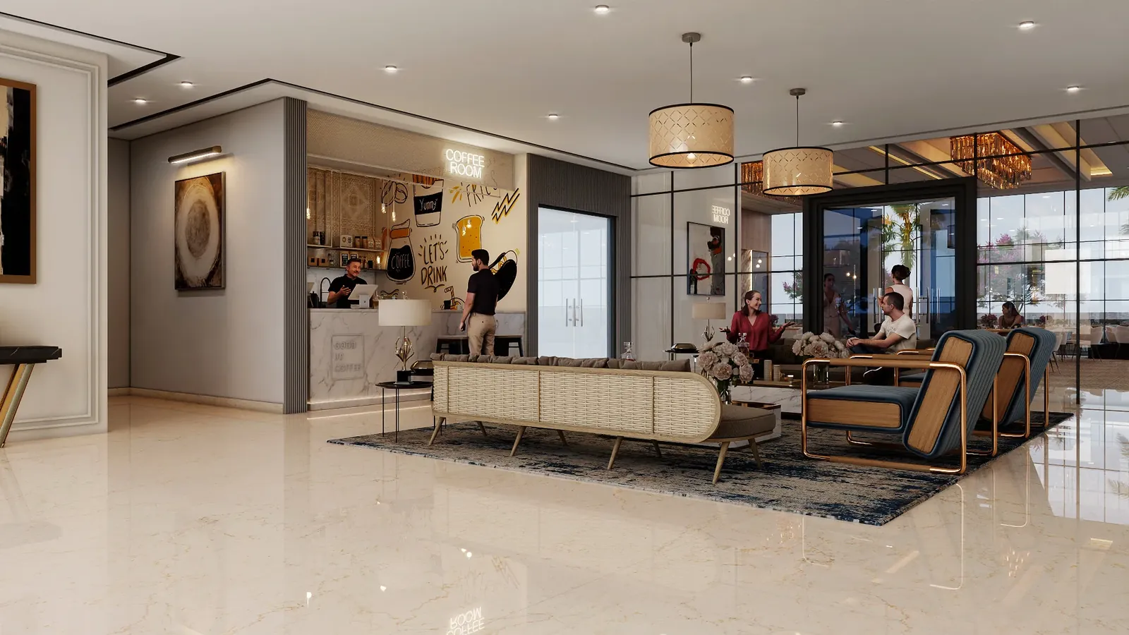 Meffier Garden Residency club lounge with sofas and a bar counter, artist's impression