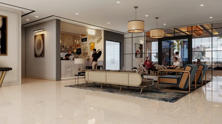 Meffier Garden Residency club lounge with sofas and a bar counter, artist's impression