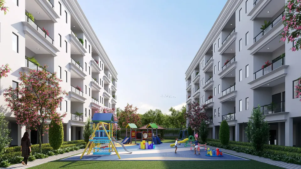Meffier Garden Residency kids play area between the floor blocks, artist's impression