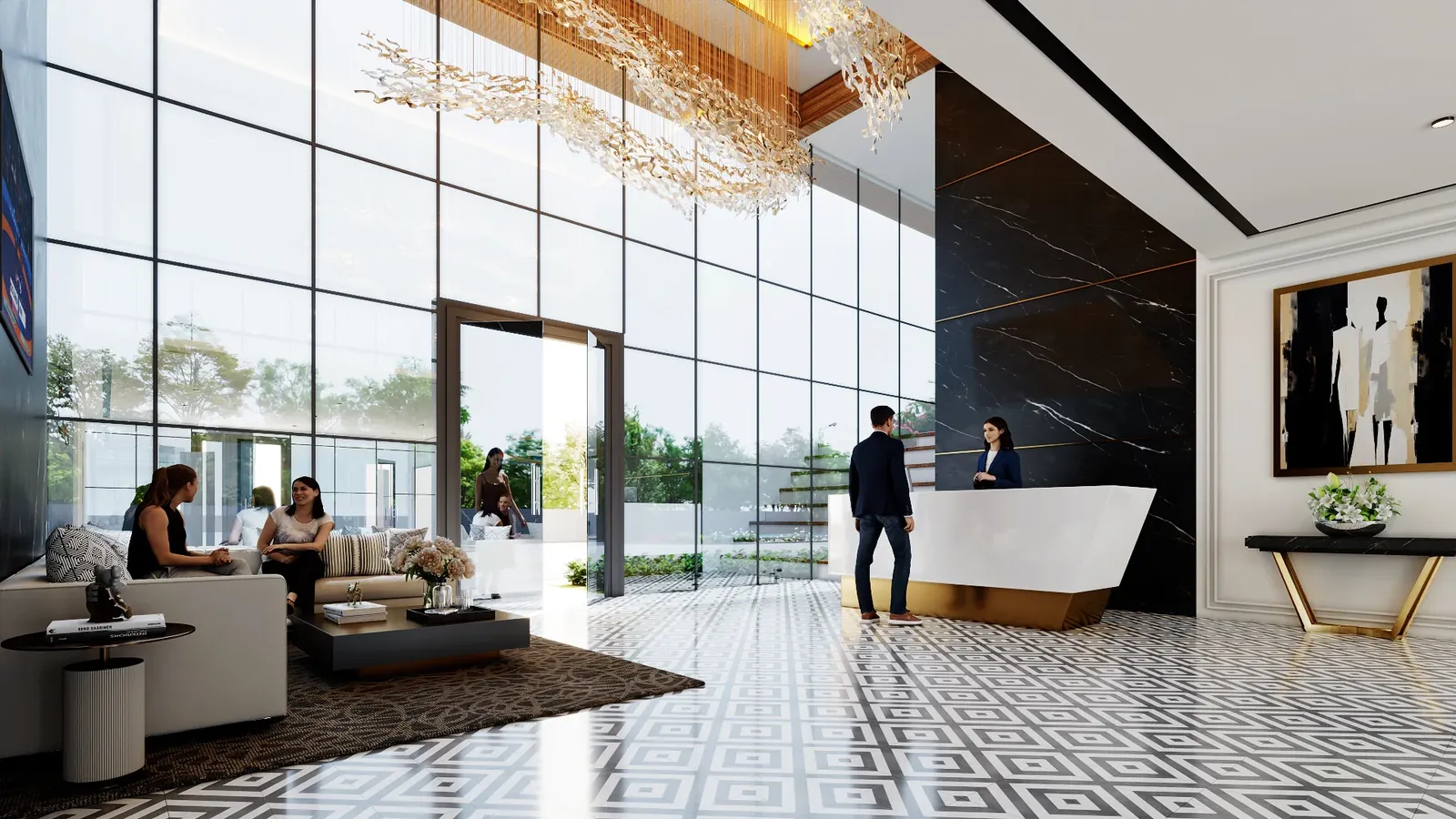 Meffier Garden Residency club lobby with a reception desk, artist's impression