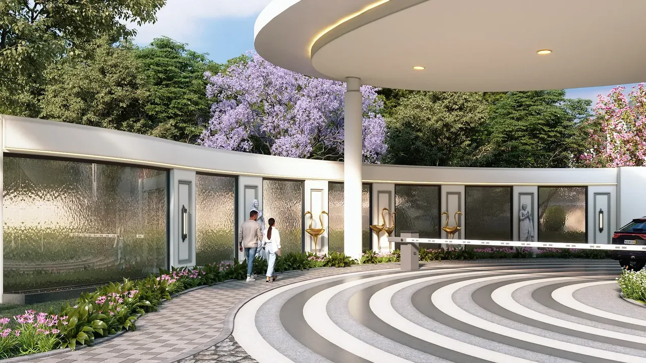 Meffier Garden Residency arrival court with a curved canopy, artist's impression