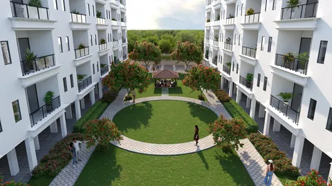 Meffier Garden Residency central lawn between two floor blocks, artist's impression