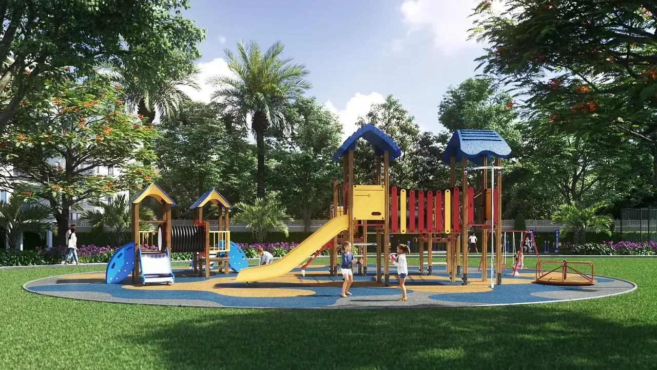 Meffier Garden Residency play park with slides and swings, artist's impression