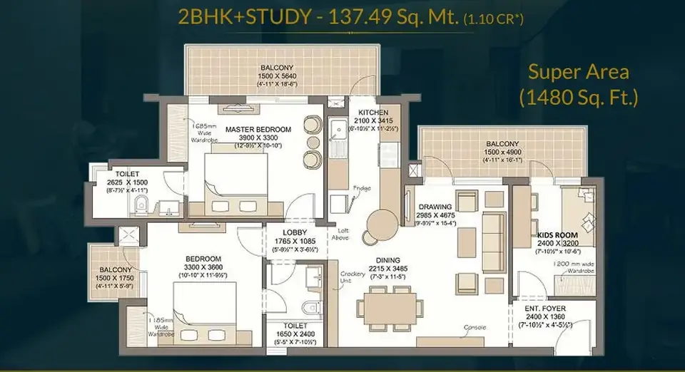 Microtek Greenburg 2 BHK floor plan, 1,480 sq ft