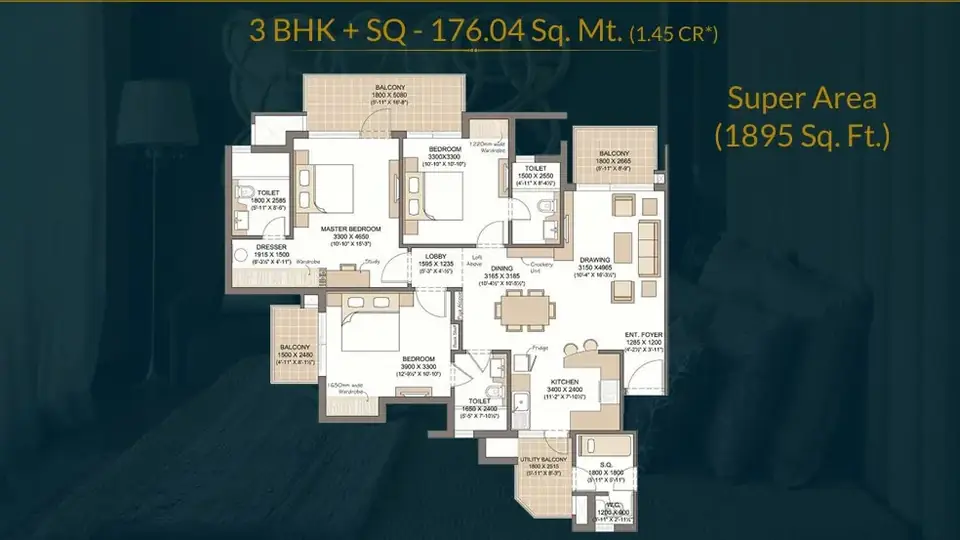 Microtek Greenburg 3 BHK floor plan, 1,895 sq ft