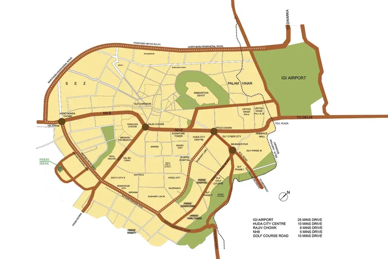 Paras Irene location map with distances to IGI Airport and Golf Course Road