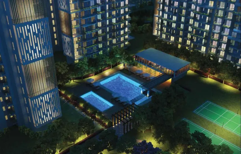 Paras Irene pool and tennis court between towers at night, artist's impression