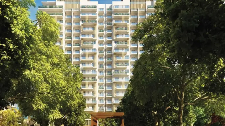 Paras Irene tower seen along a tree-lined walkway, artist's impression