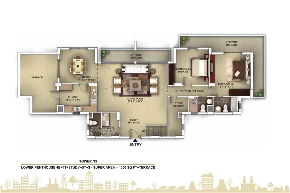Paras Irene Tower N5 duplex penthouse lower level plan, 4,500 sq ft super area