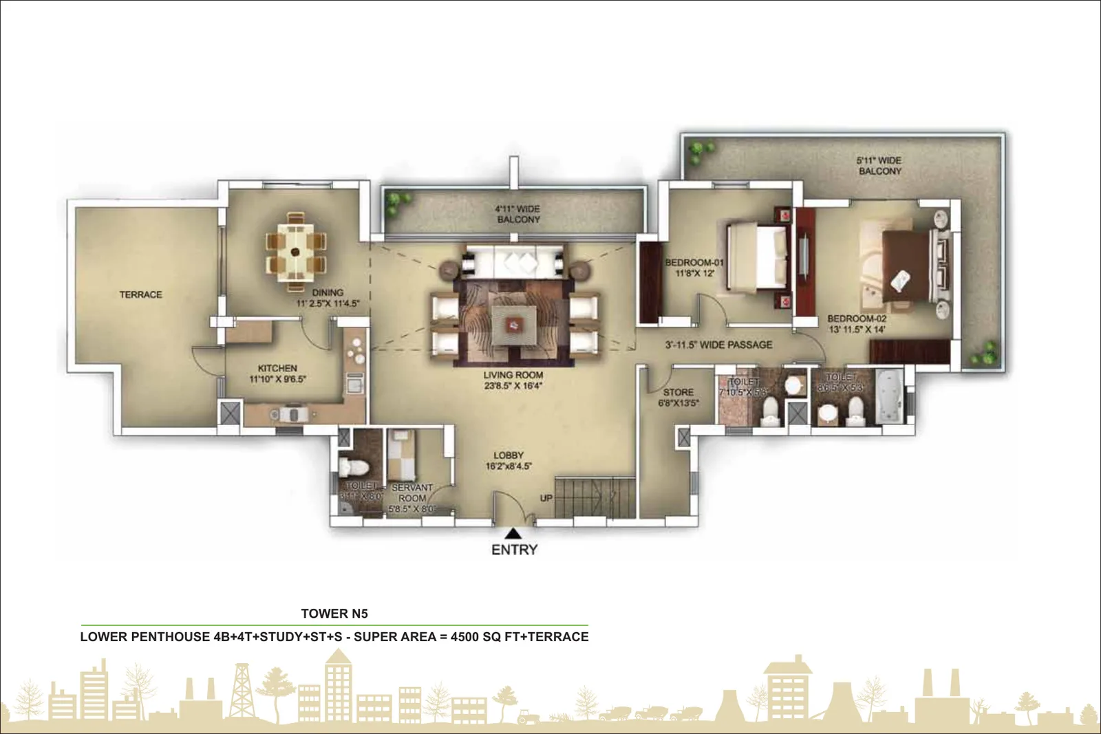 Paras Irene Tower N5 duplex penthouse lower level plan, 4,500 sq ft super area