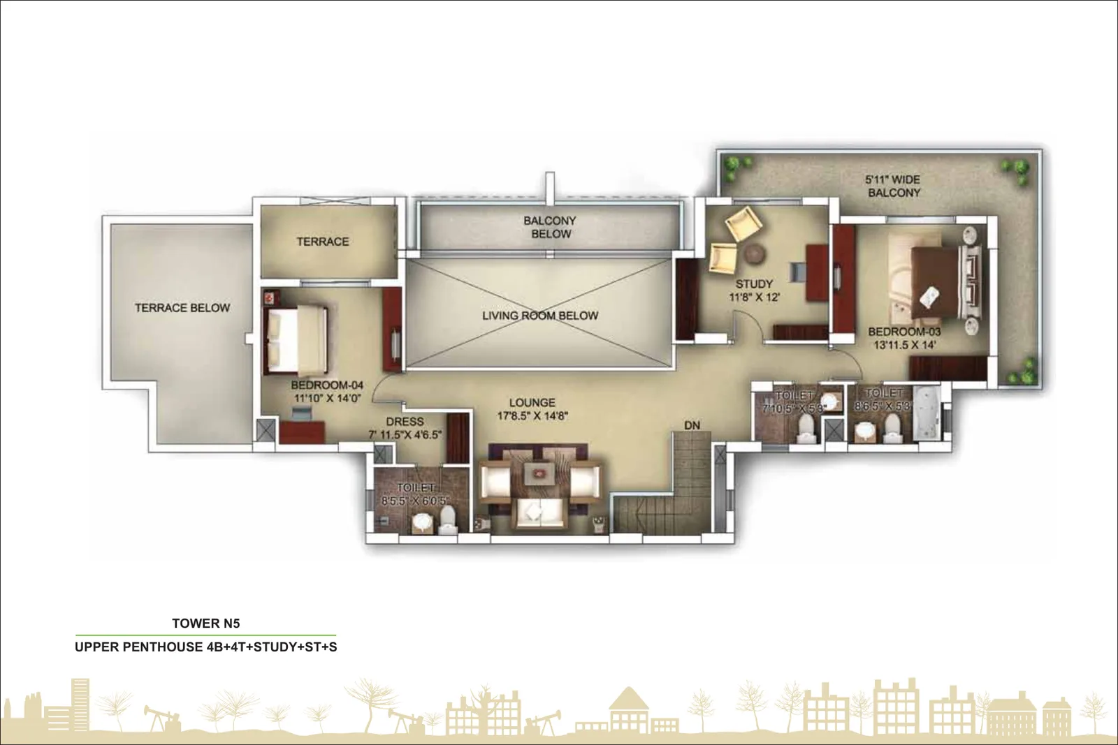 Paras Irene Tower N5 duplex penthouse upper level plan, 4,500 sq ft super area