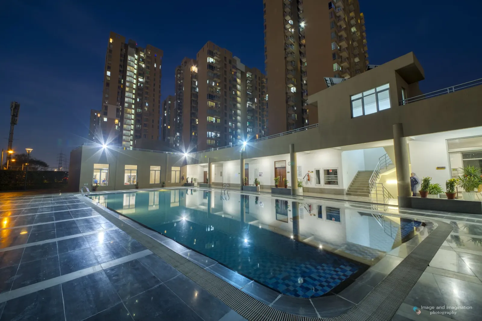 Pioneer Park pool and club at night