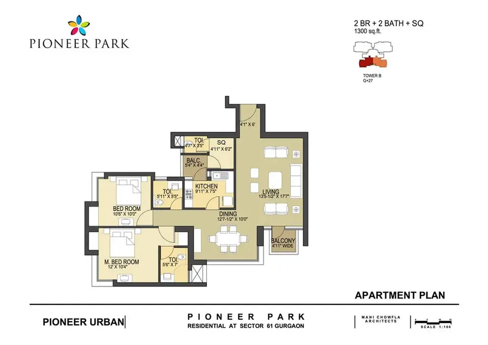 Pioneer Park 2 BHK floor plan, 1,300 sq ft