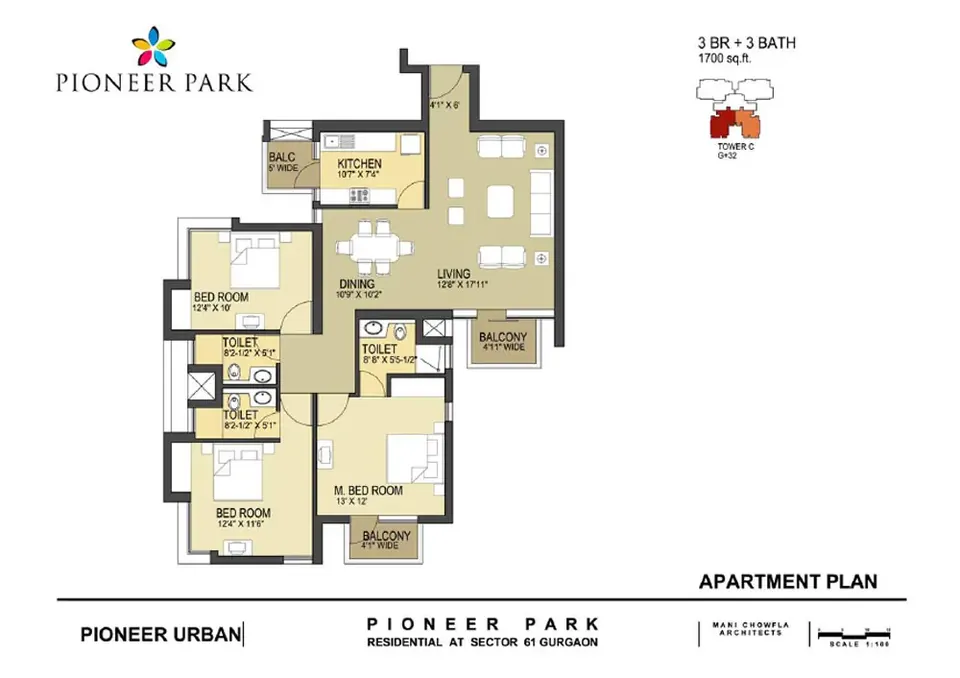 Pioneer Park 3 BHK floor plan, 1,700 sq ft