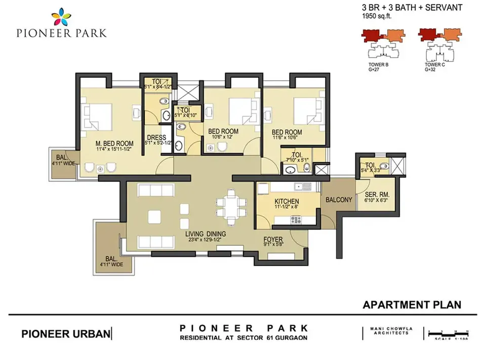 Pioneer Park 3 BHK floor plan, 1,950 sq ft