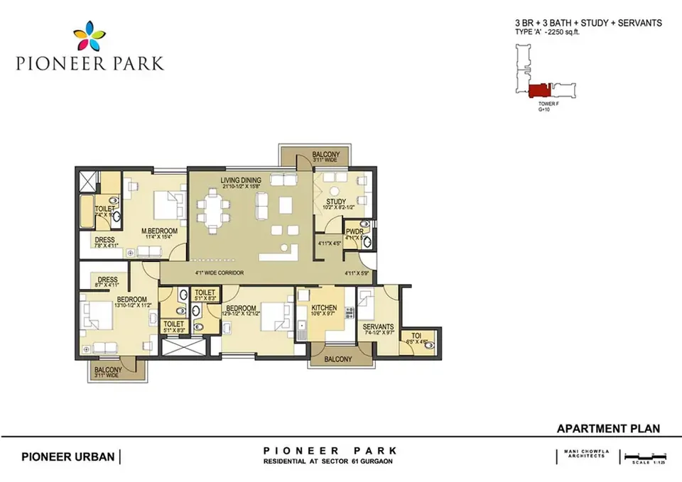Pioneer Park 3 BHK floor plan, 2,250 sq ft