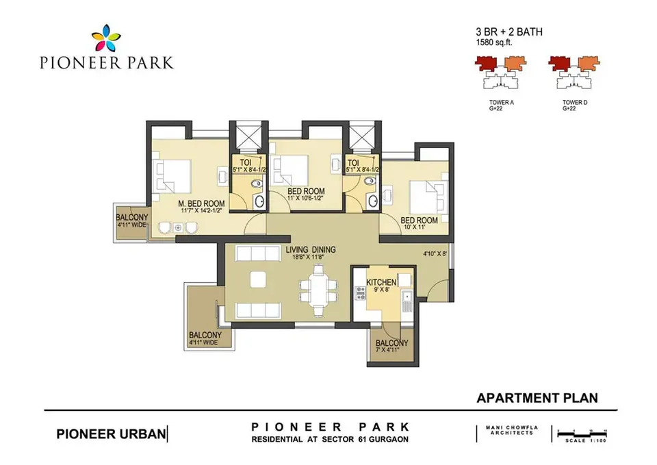 Pioneer Park 3 BHK floor plan, 1,580 sq ft
